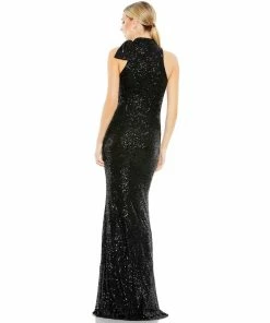 Ieena For Mac Duggal Sequined Soft Tie Halter Neck Column Gown