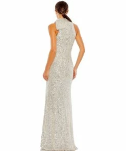 Ieena For Mac Duggal Sequined Soft Tie Halter Neck Column Gown
