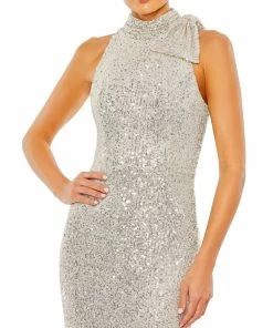 Ieena For Mac Duggal Sequined Soft Tie Halter Neck Column Gown