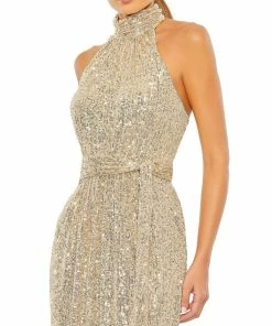 Ieena For Mac Duggal Sequined Halter Neck Belted Soft Tie Dress