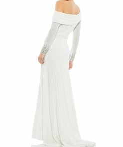 Mac Duggal Off-The-Shoulder Jersey Gown W/ Jewel-Accented Cuffs