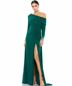 Mac Duggal Off-The-Shoulder Jersey Gown W/ Jewel-Accented Cuffs