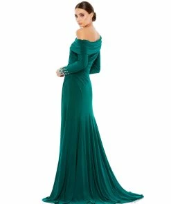 Mac Duggal Off-The-Shoulder Jersey Gown W/ Jewel-Accented Cuffs