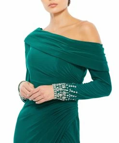 Mac Duggal Off-The-Shoulder Jersey Gown W/ Jewel-Accented Cuffs