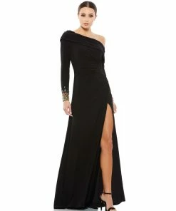 Mac Duggal Off-The-Shoulder Jersey Gown W/ Jewel-Accented Cuffs