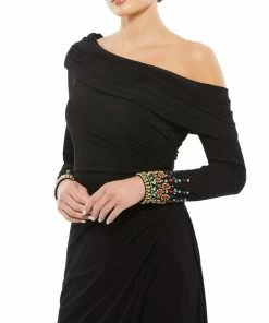 Mac Duggal Off-The-Shoulder Jersey Gown W/ Jewel-Accented Cuffs