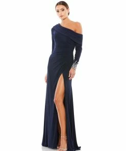 Mac Duggal Off-The-Shoulder Jersey Gown W/ Jewel-Accented Cuffs