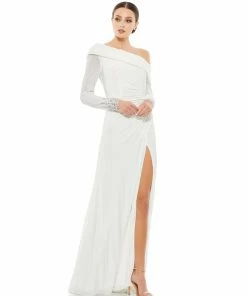 Mac Duggal Off-The-Shoulder Jersey Gown W/ Jewel-Accented Cuffs