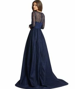 Mac Duggal Long Sleeve Lace Overskirt Gown