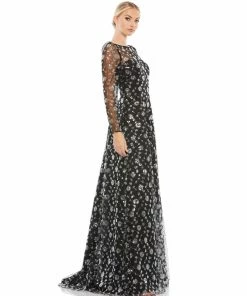 Mac Duggal Mother Of The Bride + Groom Dresses Black Long Sleeve Floral Illusion A-Line Gown