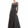 Mac Duggal Mother Of The Bride + Groom Dresses Black Long Sleeve Floral Illusion A-Line Gown
