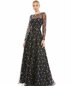 Mac Duggal Mother Of The Bride + Groom Dresses Black Long Sleeve Floral Illusion A-Line Gown