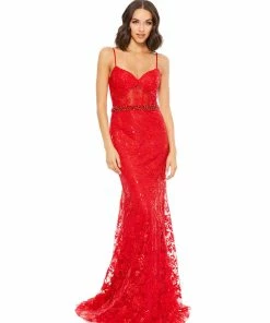 Mac Duggal Floral Lace Bustier Gown
