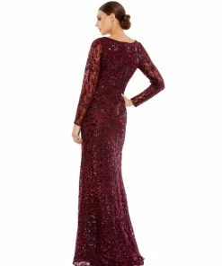 Mac Duggal Shop For Long Sleeve Ruched Sequined V-Neck Gown