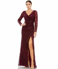 Mac Duggal Shop For Long Sleeve Ruched Sequined V-Neck Gown