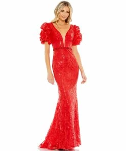 Mac Duggal Puff Sleeve Embroidered Trumpet Evening Gown Shop For