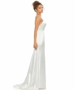 Ieena For Mac Duggal Satin Crystal-Encrusted Evening Gown