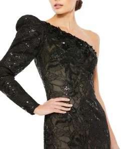 Mac Duggal Shop For One Sleeve Beaded Gown With Floral Lace Overlay
