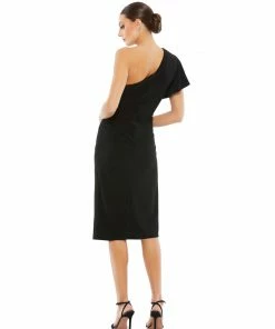 Mac Duggal Ruffled Asymmetric Midi Jersey Gown