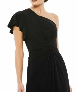 Mac Duggal Ruffled Asymmetric Midi Jersey Gown