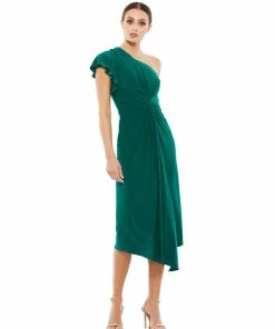 Mac Duggal Ruffled Asymmetric Midi Jersey Gown