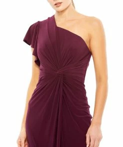 Mac Duggal Ruffled Asymmetric Midi Jersey Gown