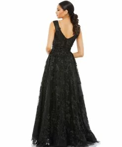 Mac Duggal Floral Embroidered Illusion V-Neck Gown