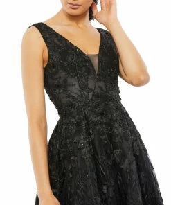 Mac Duggal Floral Embroidered Illusion V-Neck Gown