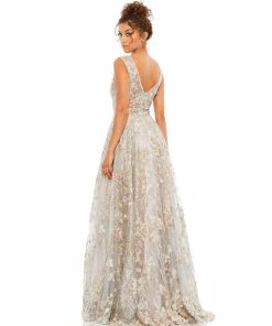 Mac Duggal Floral Embroidered Illusion V-Neck Gown