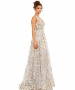 Mac Duggal Floral Embroidered Illusion V-Neck Gown