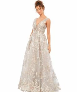Mac Duggal Floral Embroidered Illusion V-Neck Gown