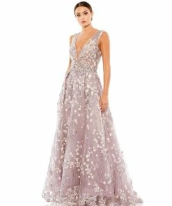 Mac Duggal Floral Embroidered Illusion V-Neck Gown