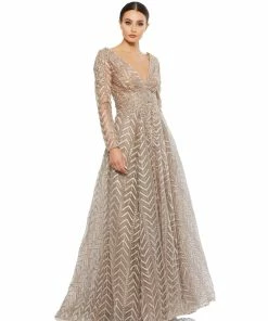 Mac Duggal Long Sleeve Chevron Embroidered Gown Shop For