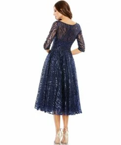 Mac Duggal Embellished 1/2 Sleeve Boat Neck A Line Dress