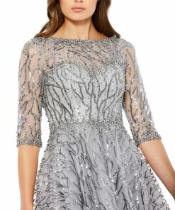 Mac Duggal Embellished 1/2 Sleeve Boat Neck A Line Dress