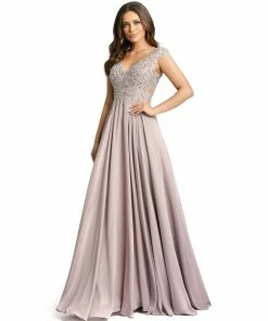 Mac Duggal Appliqued Cap Sleeve Bodice Flowy Gown