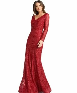 Mac Duggal Embroidered Long Sleeve V Neck Trumpet Gown Shop For