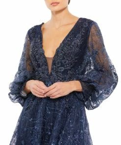 Mac Duggal Shop For Embellished Plunge Neck Puff Sleeve A-Line Gown