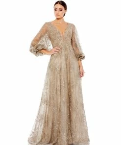 Mac Duggal Shop For Embellished Plunge Neck Puff Sleeve A-Line Gown
