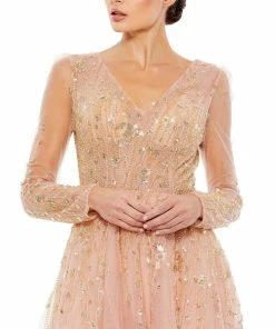 Mac Duggal Illusion Long Sleeve Beaded Gown