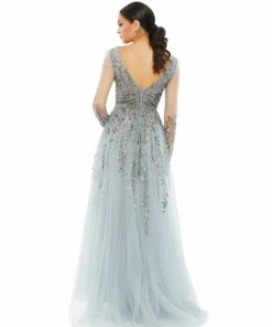Mac Duggal Illusion Long Sleeve Beaded Gown
