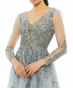 Mac Duggal Illusion Long Sleeve Beaded Gown