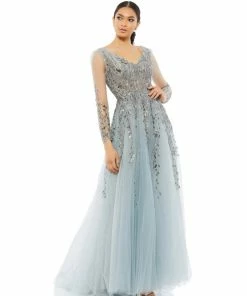 Mac Duggal Illusion Long Sleeve Beaded Gown