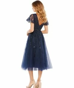 Mac Duggal Shop For Embellished Flutter Sleeve Tea-Length Dress