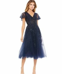 Mac Duggal Shop For Embellished Flutter Sleeve Tea-Length Dress