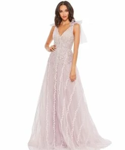 Mac Duggal Embellished Soft Tie Sleeveless V Neck Gown Shop For