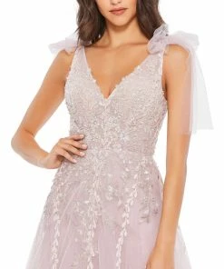 Mac Duggal Embellished Soft Tie Sleeveless V Neck Gown Shop For