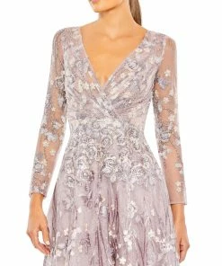 Mac Duggal Shop For Embellished Wrap Over Illusion Long Sleeve A Line Gown