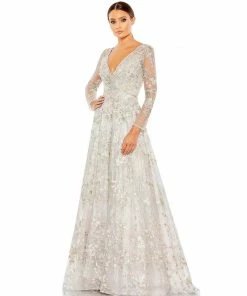 Mac Duggal Shop For Embellished Wrap Over Illusion Long Sleeve A Line Gown