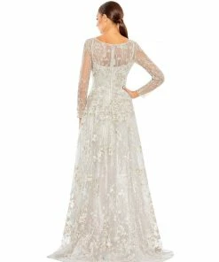 Mac Duggal Shop For Embellished Wrap Over Illusion Long Sleeve A Line Gown